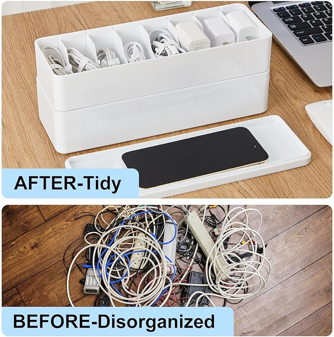 Tatuo 1 Pcs Cable Organizer Box with Wire Ties, Plastic Cord Storage Box with Lid, Electronics Organizer for Home Office Desk Organizers and Accessories (10.79'' X 3.78'' X 1.97'',White)