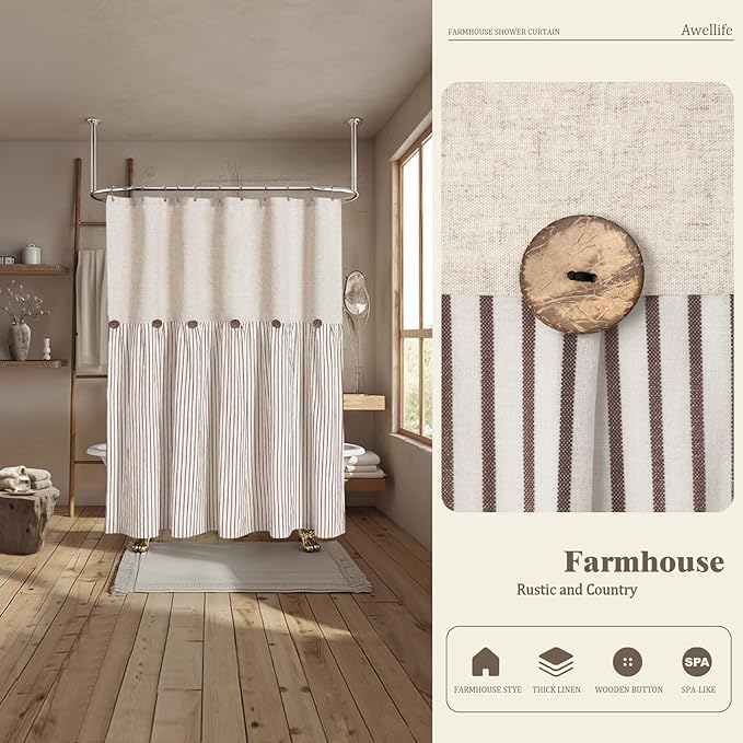 Awellife Farmhouse Beige Shower Curtain Button Linen Textured Woven Fabric,Pleated Beige Stripe,Country Style,72x72 Inch