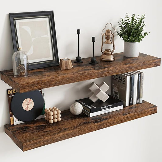 Floating Shelves for Wall with Invisible Brackets, Wall Mounted Engineered Wood Shelves with Wood Grain for Living Room, Bathroom, Kitchen Decor and Storage, Oak, 40"L Set of 2, Rustic Brown
