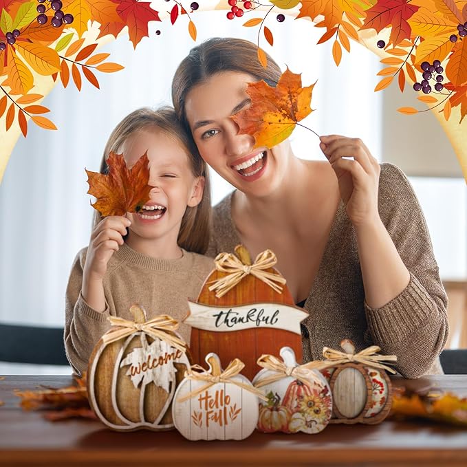 5 Pcs Fall Brown Pumpkin Decor for Home Thanksgiving Wooden Table Centerpiece Decorations Fall Wooden Pumpkin Signs for Autumn Farmhouse Home Living Room Kitchen Mantle Tabletop Supplies