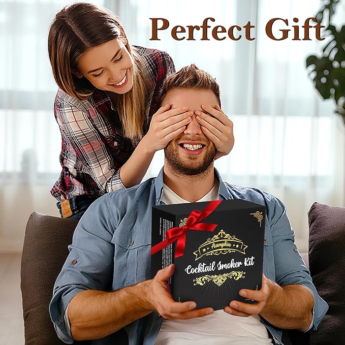 Premium Whiskey Smoker Kit with Torch, 6 Flavors Wood Chips, 2 Glasses, 2 Ice Ball Molds, Old Fashioned Drink Cocktail Smoker Kit, Birthday Bourbon Gifts for Men, Dad, Husband, Black&Brown (NO Butane)