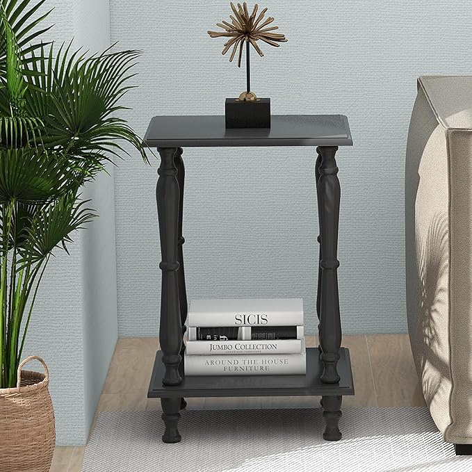 TaoHFE Square Black French Style End Side Table with Open Shelf Retro Vintage 2-Tier Bedside Table for Living Room Small Space