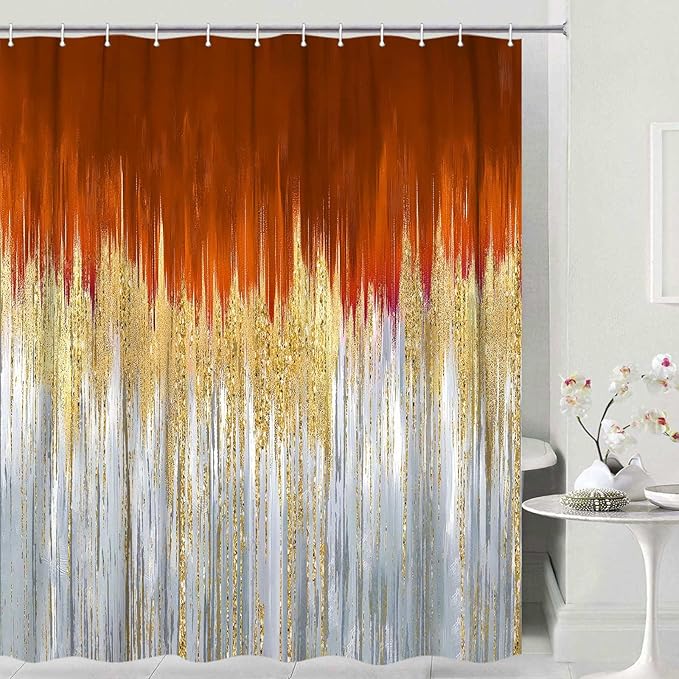 JAWO Abstract Orange Shower Curtain, Gold Blue Boho Ombre Minimalist Chic Art Shower Curtains, Modern Neutral Contemporary Striped Brush Strokes Tan Art Waterproof Bathroom Curtain with 12 Hooks