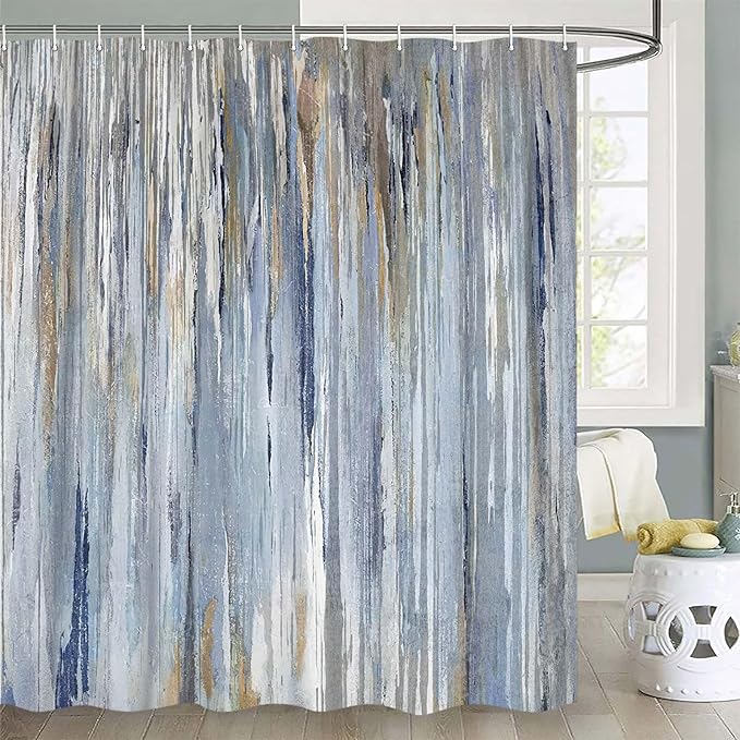 JAWO Abstract Shower Curtain,Modern Aesthetic Abstract Stripe Shower Curtain Set for Bathtub Bathroom, Gray Blue Brown Contemporary Abstract Painting Polyester Shower Curtains,Blue, 69X75