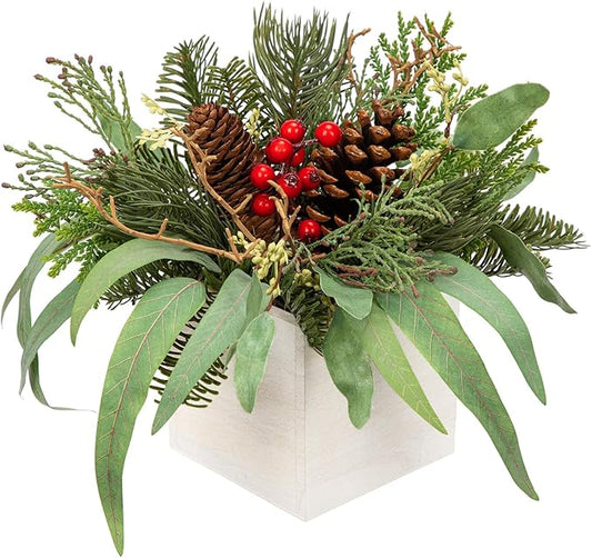 DILATATA Christmas Centerpieces 8 Inch Artificial Christmas Plant in Square Wooden Pot Tabletop Pine Plants with Red Berries Pine Cones Eucalyptus for Winter Holiday Party Fireplace Mantel Xmas Decor