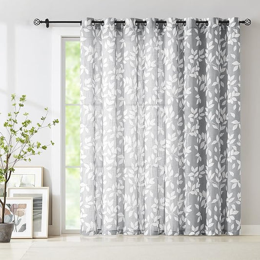 Grey White Sliding Door Curtain 84 inch Length Semi Sheer Leaf Print Curtains for Living Room Bedroom Linen Textured Look Light Filtering Window Curtain Panels Botanical Window Drapes 100” w 1pcs