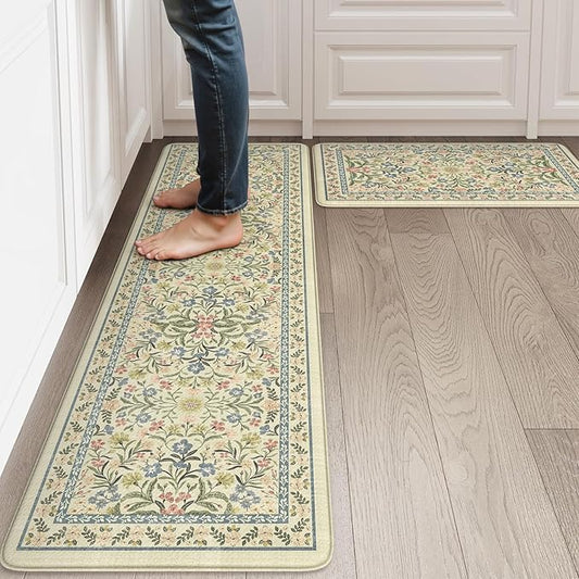 Collive Kitchen Mats for Floor, Cushioned Anti Fatigue Mat Non Skid Waterproof Kitchen Rugs Set of 2, Beige Vintage Comfort Standing Desk Rug for Office, Sink, Laundry, 17"x30"+17"x59"