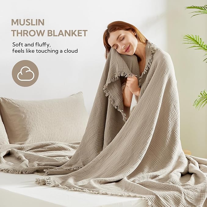 SOULFUL Muslin Throw Blanket with Tassels - Soft Full Size Cotton Throw Blanket for Couch or Bed, Lightweight and Breathable Gauze for All Seasons, Light Tan, 66" x 90"