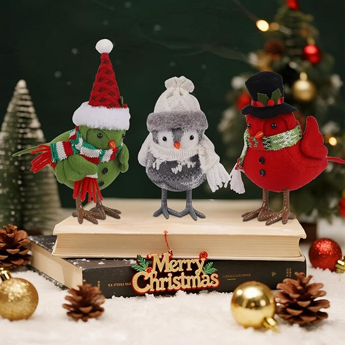 Prsildan Christmas Table Decorations Birds, Set of 3 Christmas Bird Figurine Table Top Decor, Green Red Gray Xmas Birds Ornaments for Winter Home Kitchen Fireplace Mantel Holiday Party