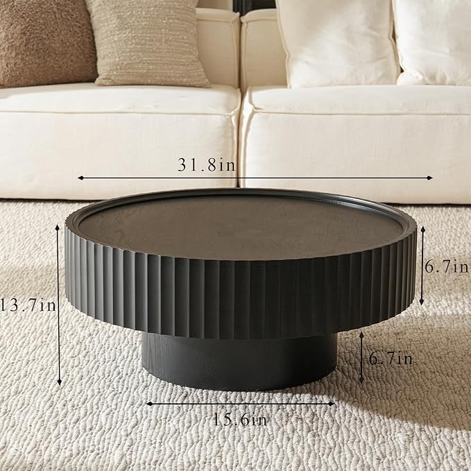 Round Coffee Table, Modern Living Room Tables with Mushroom Shape and Grooved Design, Large Coffee Tables, Circle Pinewood Center Table for Living Room, Apartment (Black, 31.8''L×13.7''H)