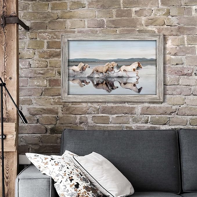 Horse Wood Wall Art Rustic: Wild Animal Galloping Framed Picture Decor Bedroom Horses Western Painting Print Wildlife Artwork for Living Room Home Bathroom