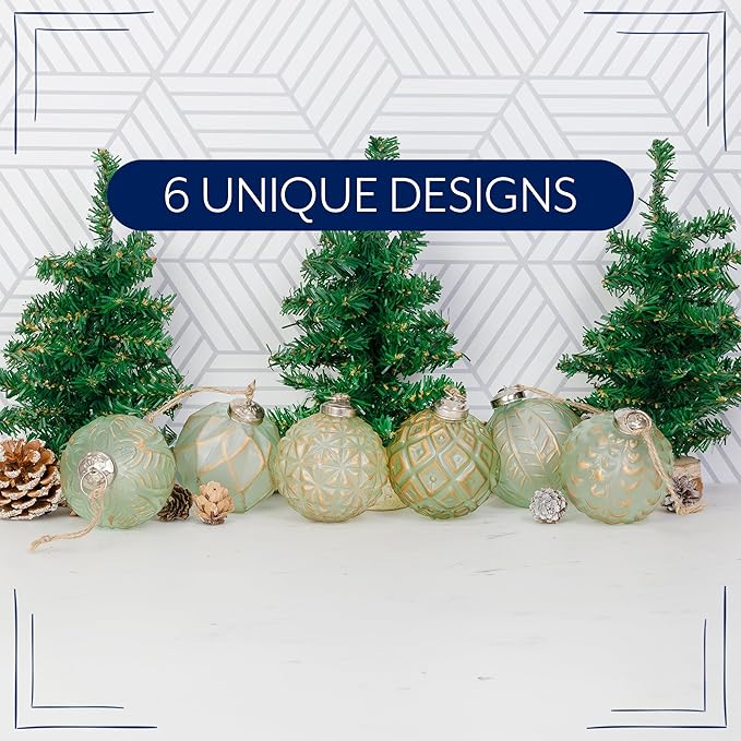 AuldHome Design Farmhouse Ball Ornaments (Set of 6, Soda Glass); Distressed Metal Glass Ball Vintage Style Christmas Decorations