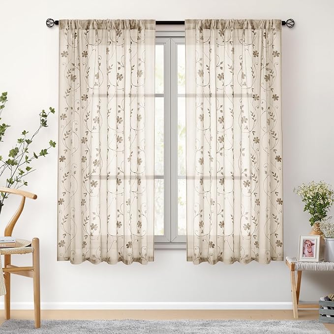 HOMEIDEAS Taupe Sheer Curtains 63 Inches Length 2 Panels Beige Embroidered Floral Pattern Semi Sheer Window Curtains for Bedroom Living Room