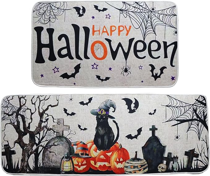 Halloween Kitchen Mats Set of 2, Halloween Decor Black Cat Pumpkin Rugs, Non-Slip Washable Kitchen Mats for Floor Kitchen Bathroom, Halloween Decorations for Home,17"x27+17"x47" ﻿