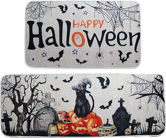 Halloween Kitchen Mats Set of 2, Halloween Decor Black Cat Pumpkin Rugs, Non-Slip Washable Kitchen Mats for Floor Kitchen Bathroom, Halloween Decorations for Home,17"x27+17"x47" ﻿