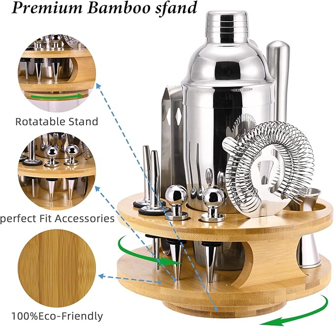 Cocktail Shaker Set 12-Piece, 25 OZ Food Grade Stainless Steel Cocktail Shaker Mixology Bartender Kit with Rotating Stand, Bar Set Essential for Beginners and Professionals at Home or Parties