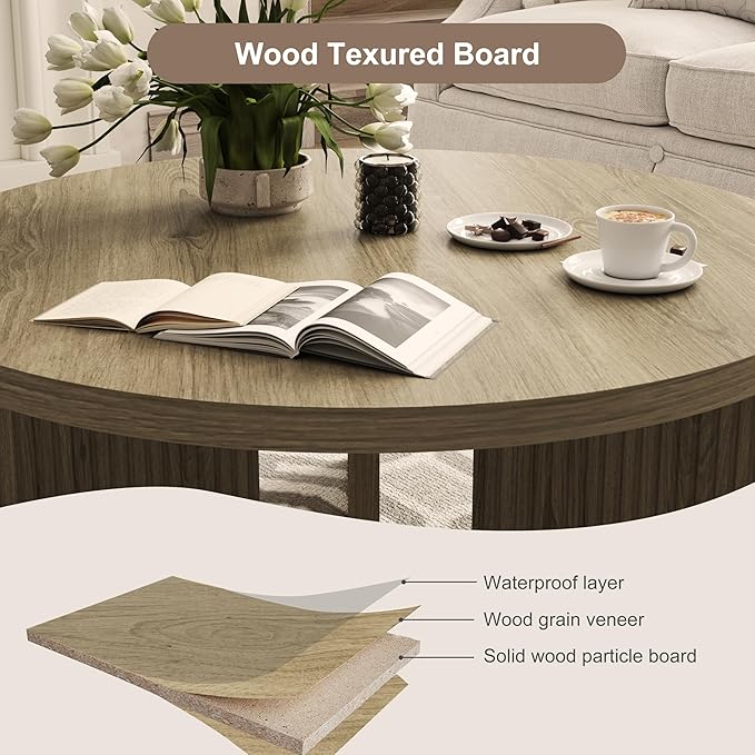 Wooden Round Coffee Table, 35" Coffee Table with Smooth Thick Mesa, Low Circle Center Table with X Shaped Stable Legs, Accent Tea Table for Living Room, Office, Walnut