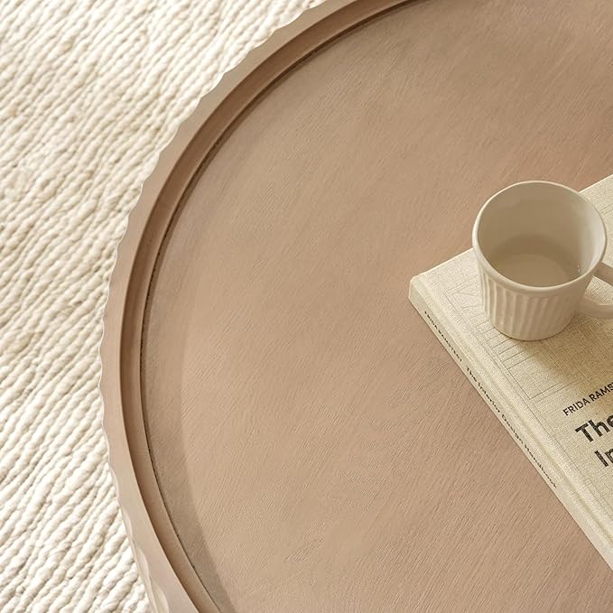 Round Coffee Table, Modern Living Room Tables with Mushroom Shape and Grooved Design, Large Coffee Tables, Circle Pinewood Center Table for Living Room, Apartment (Gray, 31.8''L×13.7''H)