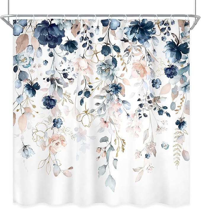 Blue Floral Flower Shower Curtain, Navy Flower Shower Curtain, Pastel Watercolor Plant Eucalyptus Leaf Girly Botanical Rustic Country Pretty 72Wx72L Inch Bath Bathtub Set Accessories Home Decor