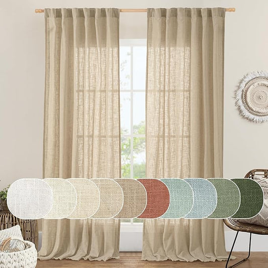 LAMIT Living Room Linen Curtains - 90 Inch, Back Tab & Rod Pocket, Light Filtering, Burlap Textured Sheer Curtains for Farmhouse, 2 Panels, 52 x 90 Inch, Brown