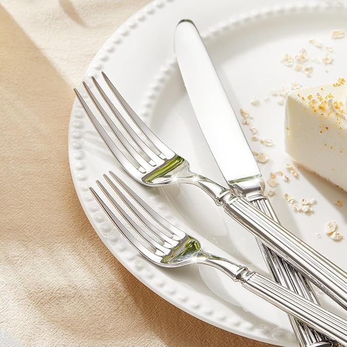 KINGSTONE Silverware Set, 10-Piece 18/10 Stainless Steel Flatware Set - Roman Column Embossed Thick Handle, for Wedding, Home, Restaurant, Kitchen and Party, Mirror Polish & Dishwasher Safe