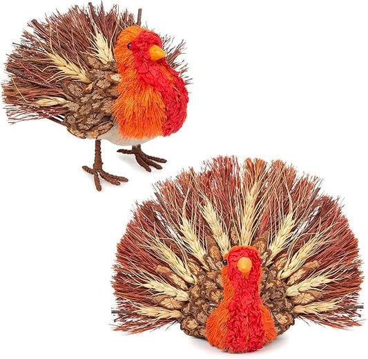 Thanksgiving Decorations Indoor, Set of 2 Turkey Decorations for Table, Natural Material Turkey Decor for Home, Thanksgiving Fall Harvest Home Decor
