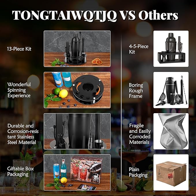 Bartender Kit,Cocktail Shaker Set 13-Piece Bar Tool Set with Acrylic Rotatable Stand for The Home,Bar（Frosted Black）