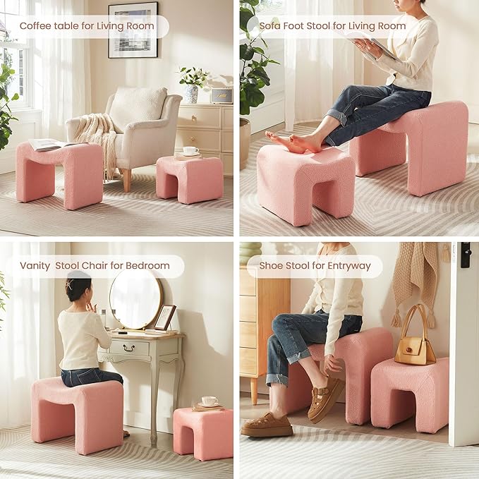 Ottoman Set of 2 Vanity Stool Chair Seating Backless Modern Foot Rest Teddy Velvet Small Footstool Ottoman for Makeup Room Living Room Bedroom Entryway,(2-in-1) Pink