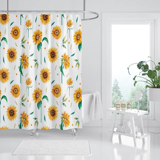 Domoku Sunflower Star Yellow Shower Curtain with Hooks,Summer Waterproof Floral Fabric Bathroom Curtain Set for Autumn Rustic Botanical Flower Bathroom Decorative Watercolor Sunflower, 72"x72"