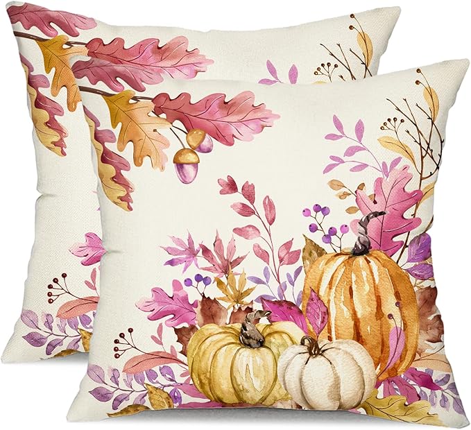 DFXSZ Fall Pillow Covers 18x18 inch Set of 2 Pink Orange Pumpkin Fallen Leaves Decorative Outdoor Throw PillowCovers Autumn Thanksgiving Farmhouse Decoration for Home Couch TH27-N18