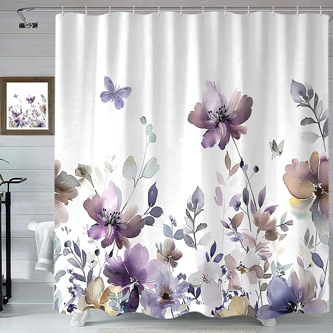 Sanzugh Purple Floral Shower Curtain, Cute Boho Watercolor Flower Wildflower Leaves Butterfly White Fabric Shower Curtains Set for Bathroom Decorative with Hooks 72 X 72 inch Spring Bath Decor