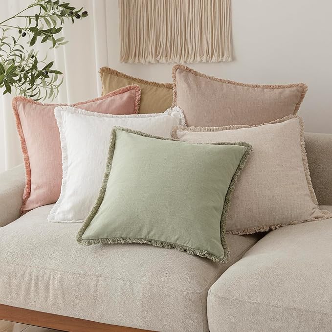 Foindtower Set of 2 Decorative Linen Fringe Throw Pillow Covers Boho Farmhouse Cushion Cover with Tassels Soft Accent Pillowcase for Couch Sofa Bed Living Room Home Decor,20×20 Inch,Light Sage Green