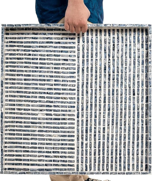 PEMAR Extra Large Square 20" Capiz Shell Ottoman Tray with Insert Handles, Oversized Decorative Luxury Wooden Serving Tray for Food, Coffee Table, Breakfast in Bed (Grey-White Stripes)