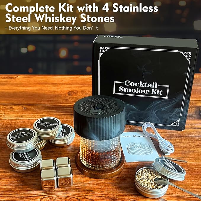Electric Whiskey Smoker Kit–Rechargeable Cocktail Smoker Kit with Built-in Lighter, 6 Wood Chip Flavors–Old Fashioned Smoker Kit, Bourbon Smoker Kit–Gifts for Men, Dad, Husband, Home Bar Accessories