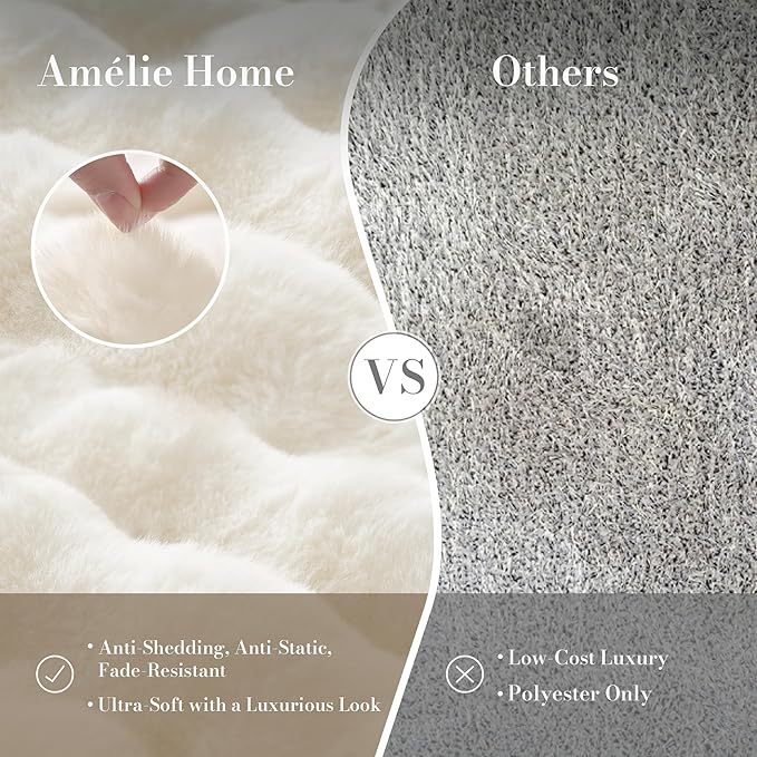 Amélie Home Faux Fur Throw Blanket for Bed, Ultra Soft Fuzzy Plush Bubble Blanket for Bedroom & Bed Decor, 90"x90", Cream White