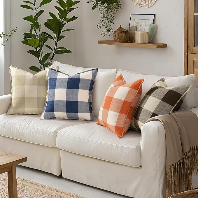 decorUhome Christmas Buffalo Plaid Check Throw Pillow Covers 22x22 Set of 2, Outdoor Linen Decorative Farmhouse Gingham Pillow Covers with Stitched Edge for Bed Couch Sofa, Cream White and Beige