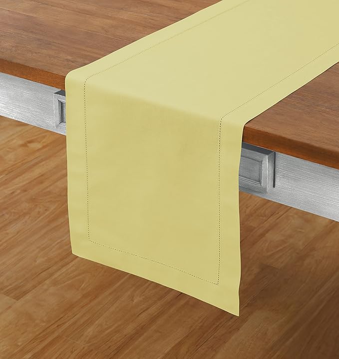 Solino Home Yellow Table Runner 60 Inches - Cotton Linen Hemstitch Coffee Table Runner 14 x 60 Inch Ideal for Dresser Tables