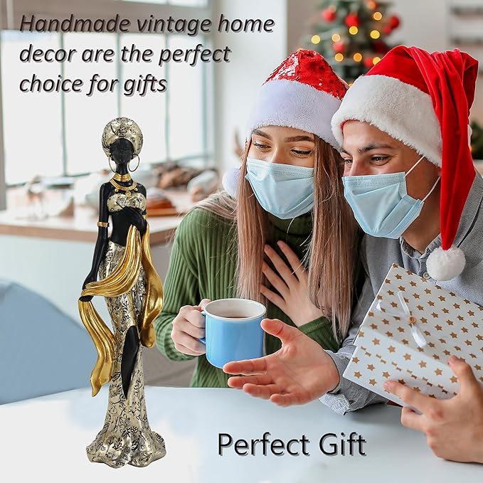 African Tribal Woman Statue with Golden Sash - Elegant Handmade Home Decor Sculpture, Vintage Aesthetic Figurine for Bookshelf & Table Display, Unique Housewarming Gifts for Women