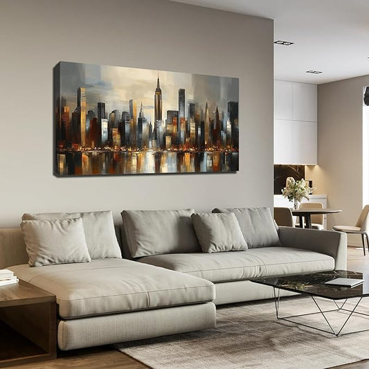 GUGIKA City Wall Art for Living Room, Gold and Grey Wall-Decor for Bedroom, Modern Cityscape Poster Canvas Print, Size 48 x 24 Inches