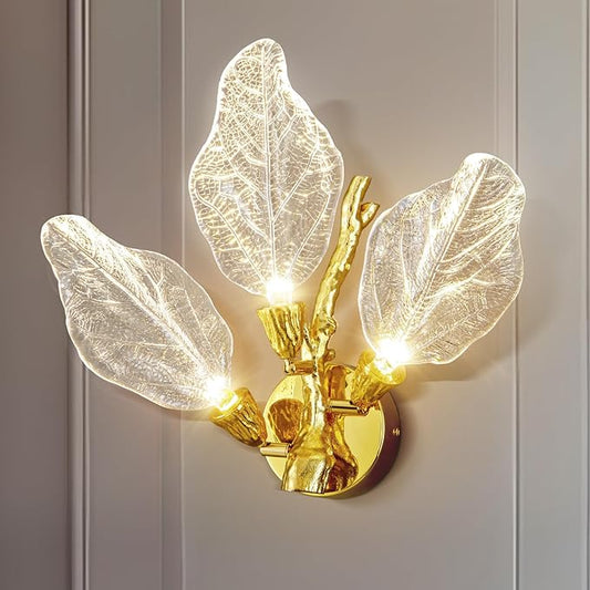 LED Gold Wall Sconces, Dimmable Modern Wall Lights, Bionic Leaf Vanity Light Fixtures for Bathroom, Bedside Wall Lamp Perfect for Bedroom, Living Room, Kitchen,Hallway (1 pcs,Gold)