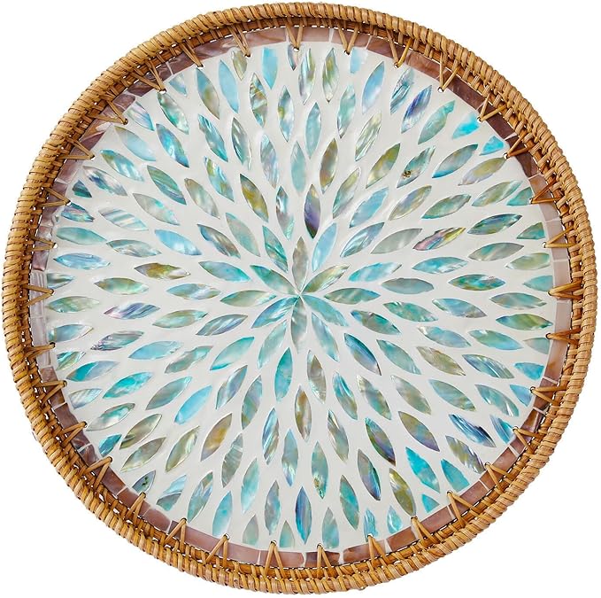 14" Large Rattan Serving Tray with Mother of Pearl, Round Coffee Table Tray Decor, Boho Decorative Round Hand-Woven Wicker Home Decor (Galaxy Blue)
