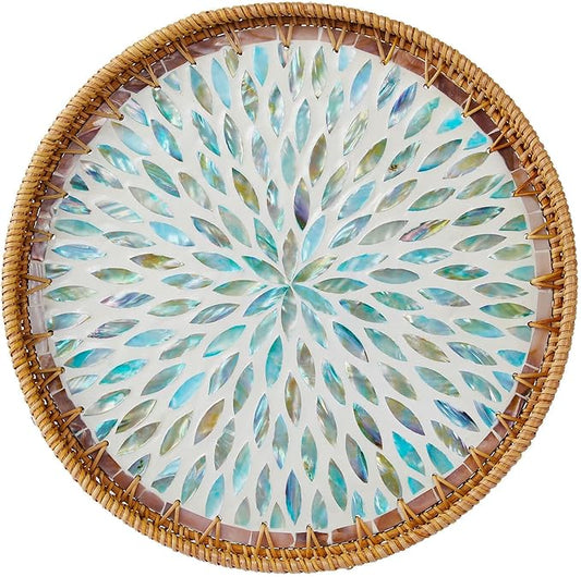 14" Large Rattan Serving Tray with Mother of Pearl, Round Coffee Table Tray Decor, Boho Decorative Round Hand-Woven Wicker Home Decor (Galaxy Blue)
