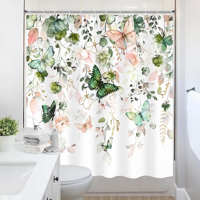 Green Pink Floral Butterfly Shower Curtain 72Wx72L Inch Spring Summer Plant Natural Gold Green Leaves Botanic Bathroom Set Woman Girl Elegant Country Bath Curtain Bathtub Accessories Home Decor