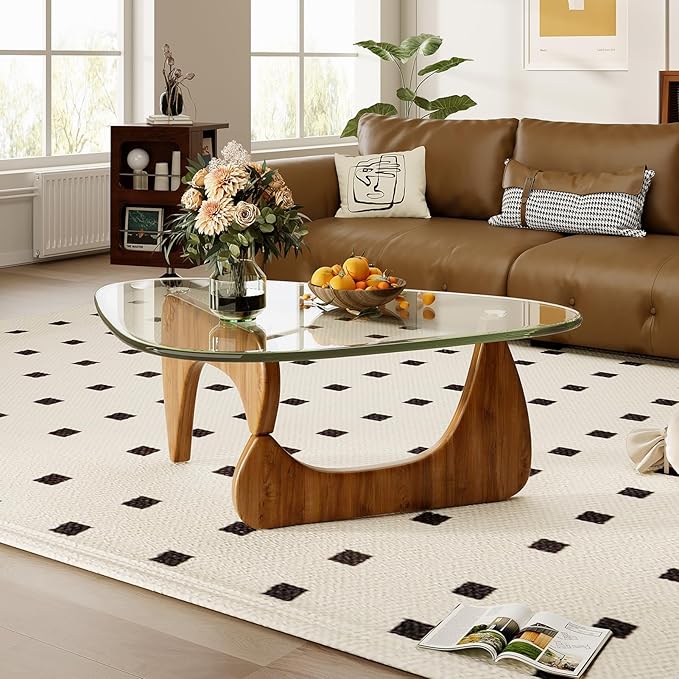 Coffee Table for Living Room Mid Century Modern Center Table with Glass Top and Oak Wood, Transparent/Walnut