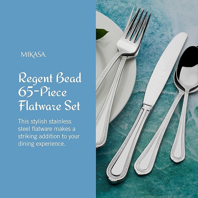 Mikasa Regent Bead 65-Piece Flatware Set for 12, 18/10 Stainless Steel Silverware with Full Service and Serving Utensils, Classic Beaded Edge Design
