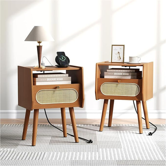 Night Stand Set 2, Mid Century Modern Nightstands, Wooden Bedside Table with Charging Station & Rattan Drawer, Boho End Table with Storage, Solid Wood Legs Side Tables for Bedroom, Cherry