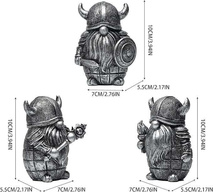 3PCS Viking Warrior Gnome Figurines Set-Viking Decor Home Ornament Mini Gnomes for Table,Shelves,Cabinet (Silver)