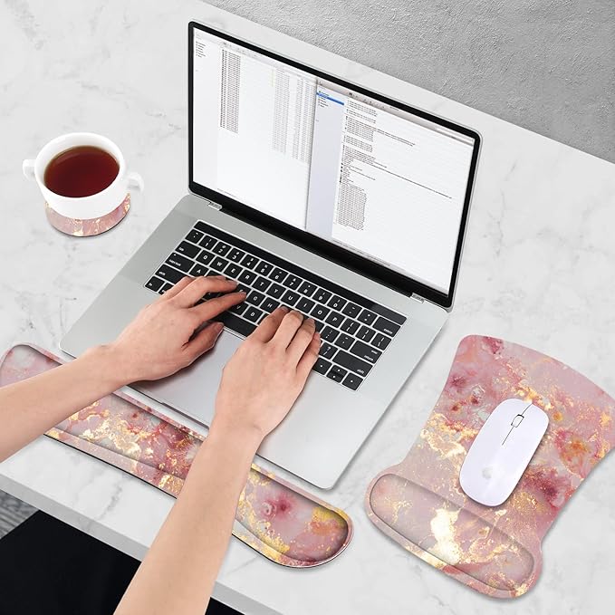 AIMSA Mouse Pad Wrist Support Set Keyboard Wrist Rest, Ergonomic Memory Foam Non-Slip Base Easy Typing Pain Relieve for Computer Laptop Home Office, Pink Gilt Marble