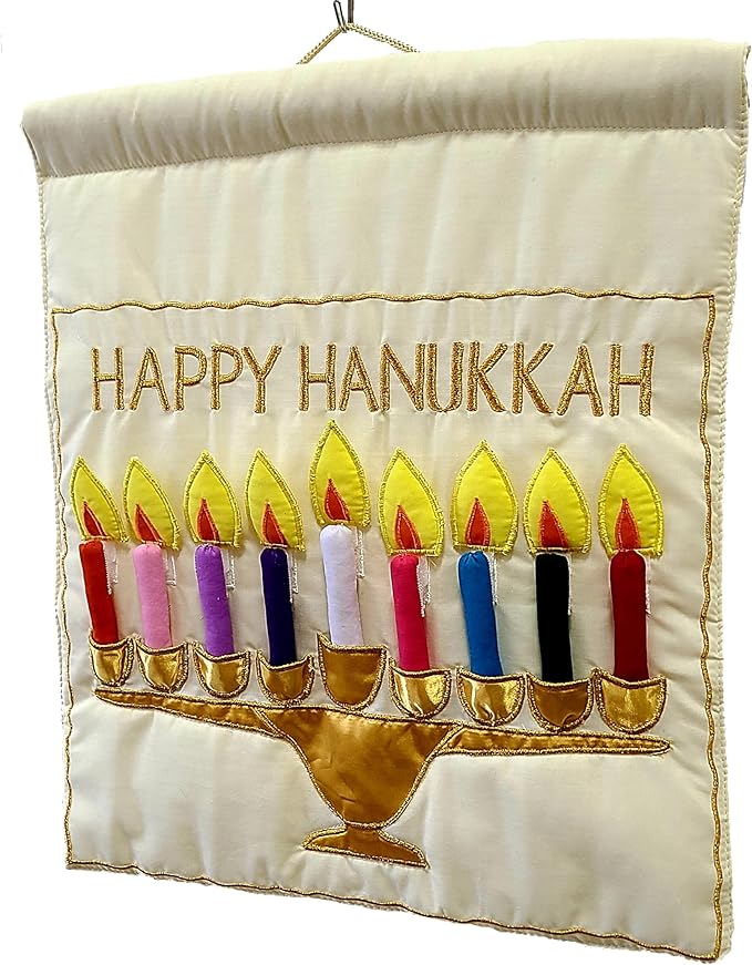 Jewish Happy Hanukkah Menorah Wall Hanging by Pockets of Learning | Festive Hebrew Holiday Décor, Judaica Fabric Advent Calendar | Chanukah Cloth Countdown with Candles and Pouch (Ivory Cream)