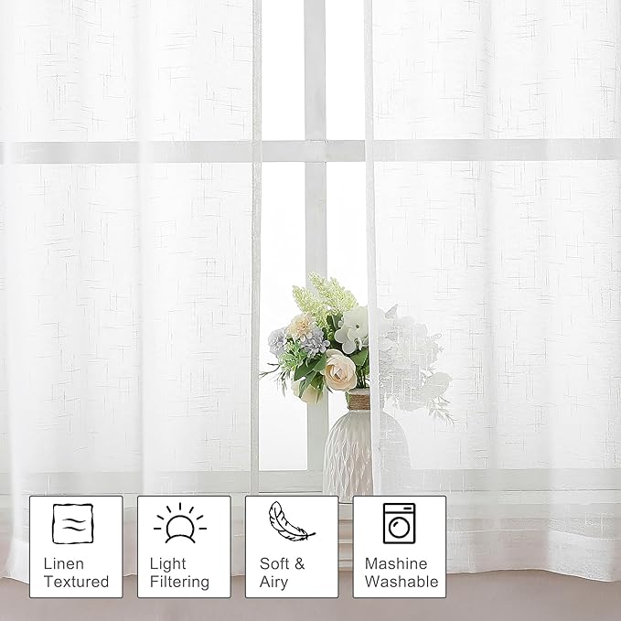 Aiyufeng White Sheer Curtains 72 inches Long 2 Panels, Fresh Textured Semi Sheer White Curtains Linen Breathable Elegant Door Curtains & Drapes for Farmhouse/Living Room/Kitchen, 40Wx72L inch